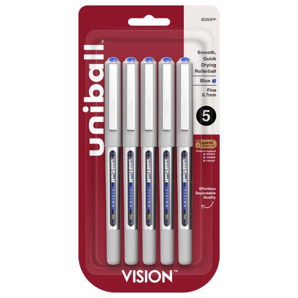 slide 1 of 8, uni-ball Vision Liquid Ink Rollerball Pens, Fine Point, Gray Barrel, Blue Ink, Pack Of 5 Pens, 5 ct