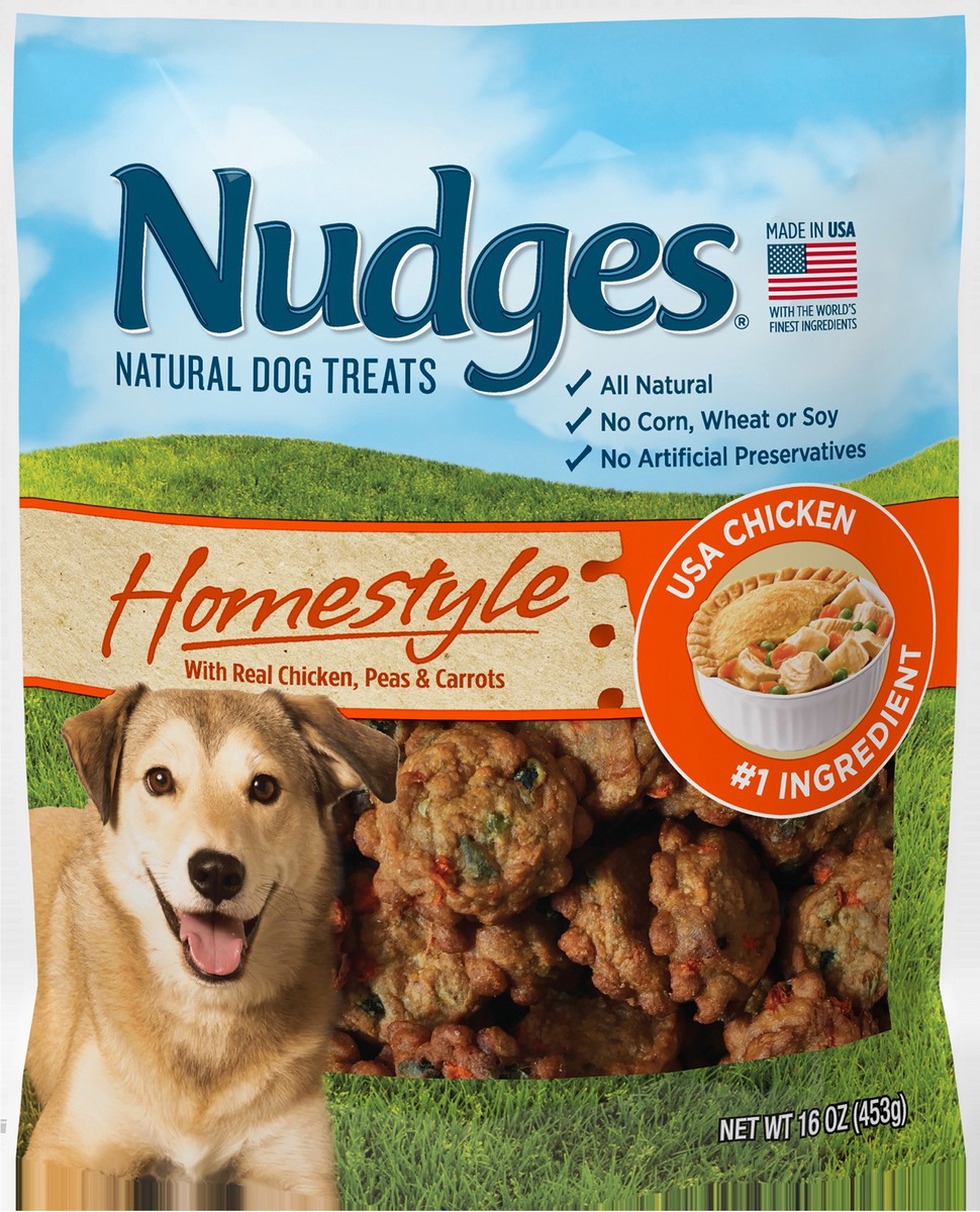 slide 1 of 8, Nudges Natural Homestyle with Real Chicken Peas & Carrots Dog Treats 16 oz, 16 oz