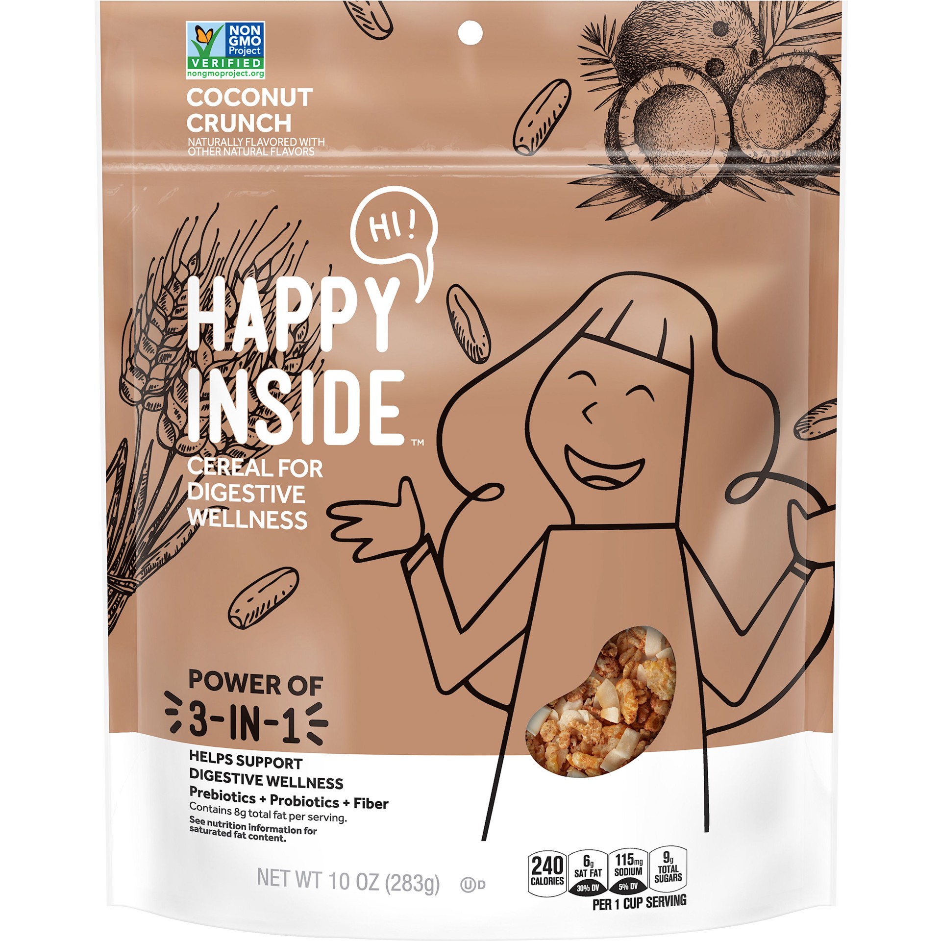 slide 1 of 3, Kellogg's HI! Happy Inside Breakfast Cereal, with Prebiotics Probiotics and Fiber for Digestive Wellness Non-GMO, Coconut Crunch, 10 oz
