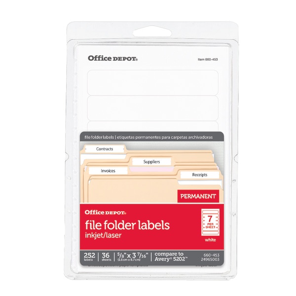 slide 1 of 2, Office Depot Brand Print-Or-Write Color Permanent Inkjet/Laser File Folder Labels, Od98816, 5/8'' X 3 1/2'', White, Pack Of 252, 252 ct