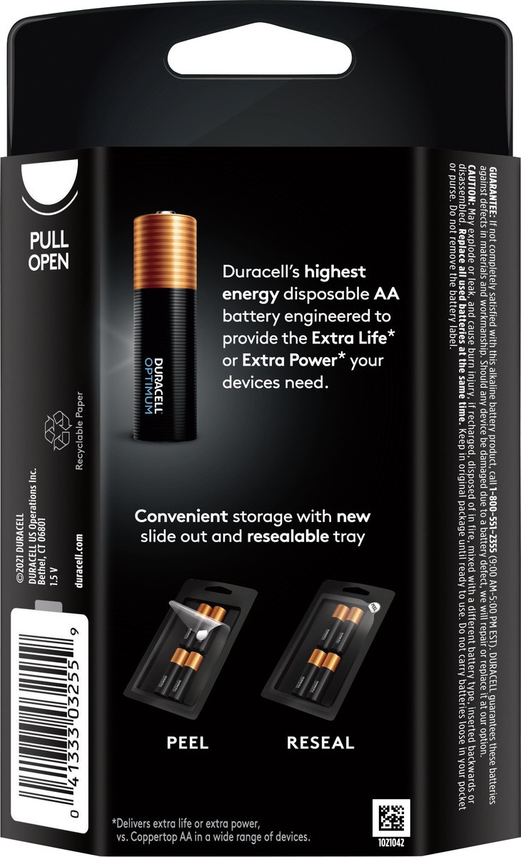 slide 3 of 6, Duracell Optimum AA Batteries - 4pk Alkaline Battery with Resealable Tray, 4 ct