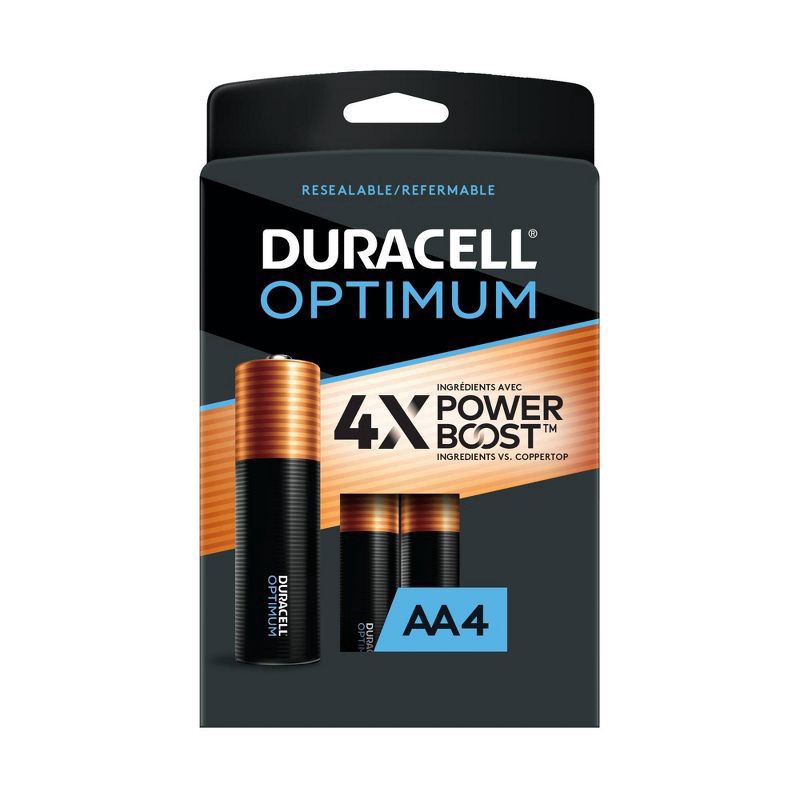 slide 1 of 6, Duracell Optimum AA Batteries - 4pk Alkaline Battery with Resealable Tray, 4 ct