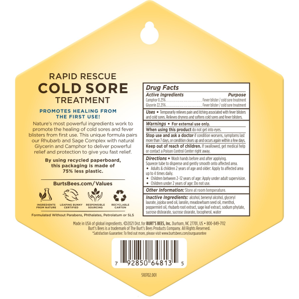 slide 22 of 22, Burt's Bees Burt''s Bees Rapid Rescue Cold Sore Treatment with Rhubarb and Sage Complex, 100% Natural Origin, 0.07 Ounce, 0.07 oz