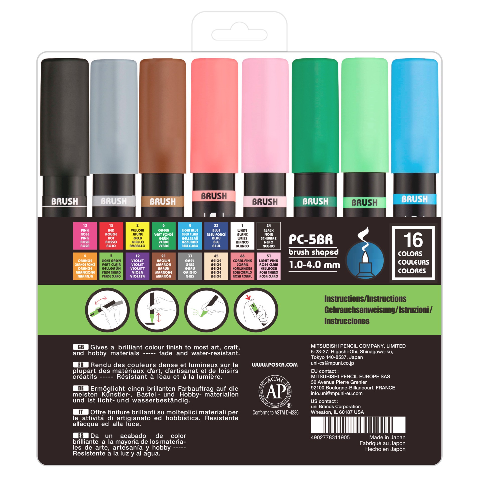 slide 2 of 7, Posca Pc-5br 16 Color Brush Tip Paint Marker Set, 1mm-4mm brush tips