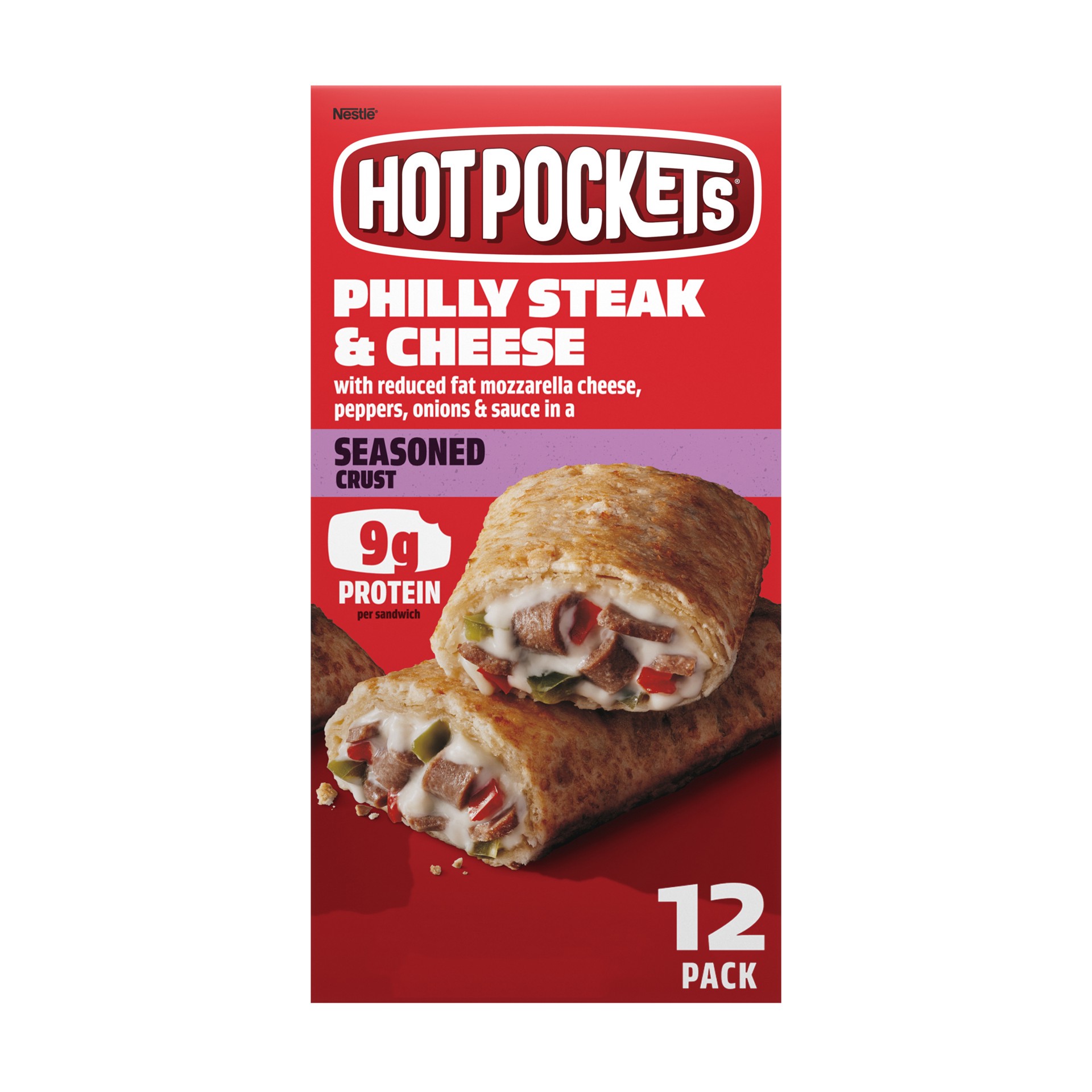 slide 1 of 3, Hot Pockets Philly Steak & Cheese Frozen Snacks in a Seasoned Crust, Philly Cheesesteak Made with Real Reduced Fat Mozzarella Cheese, 12 Count Frozen Sandwiches, 54 oz