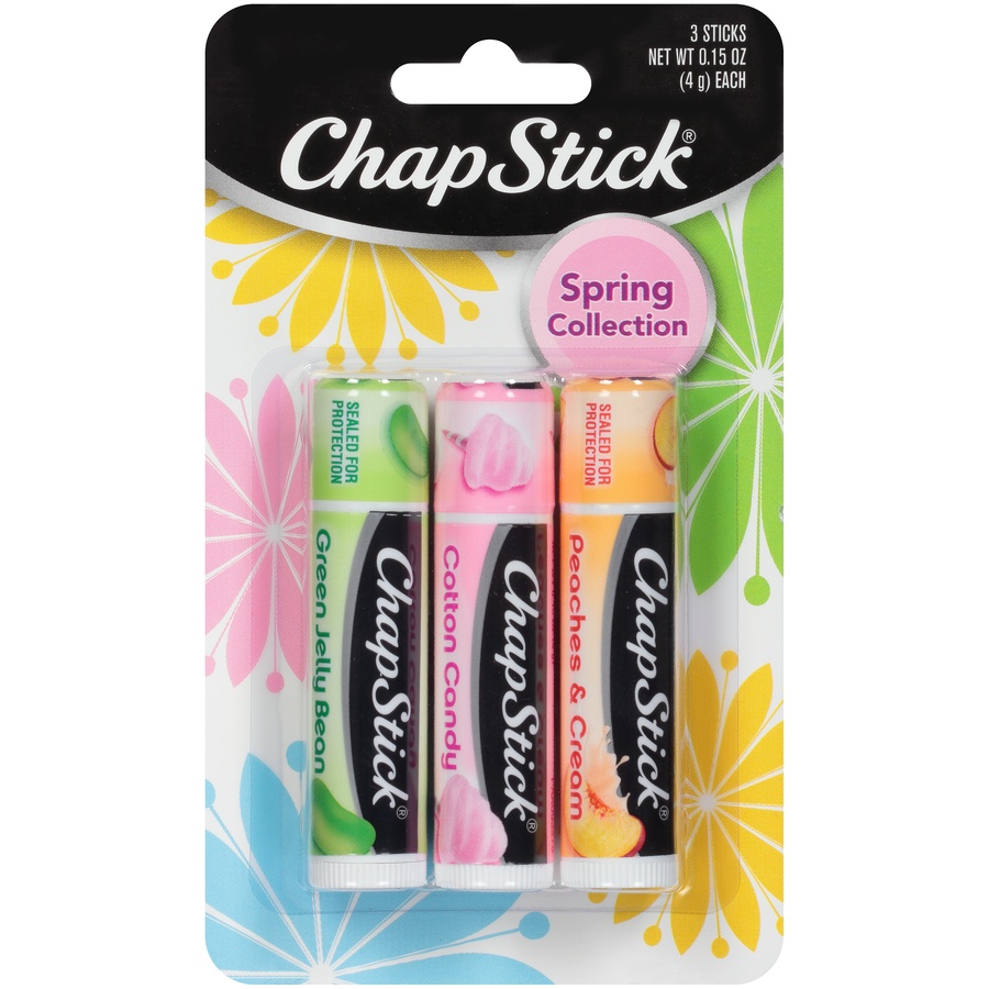 slide 1 of 7, ChapStick Spring (Green Jelly Bean, Cotton Candy, Peaches & Cream Flavors Lip Balm Tube, Skin Protectant, Lip Care, 0.15 oz