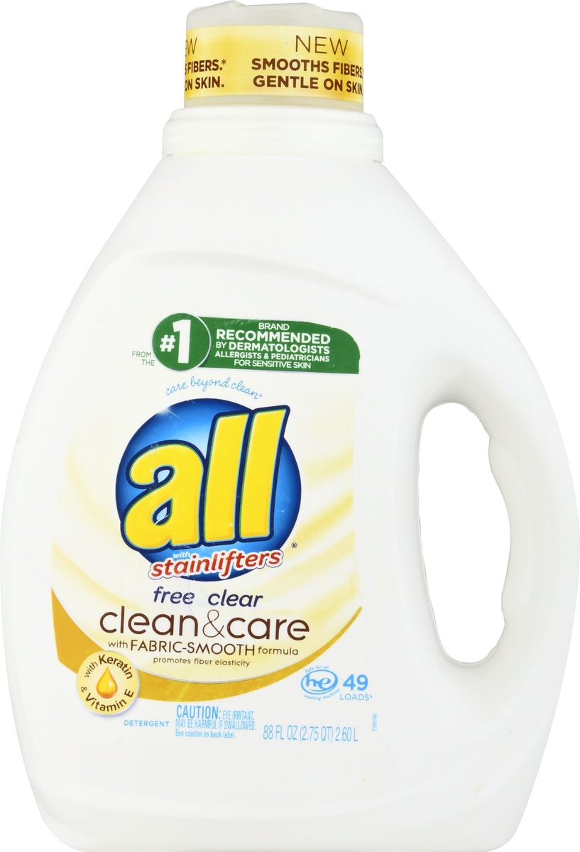 slide 7 of 8, All Liquid Laundry Detergent Free Clear, Clean & Care with Vitamin E, 88 fl oz