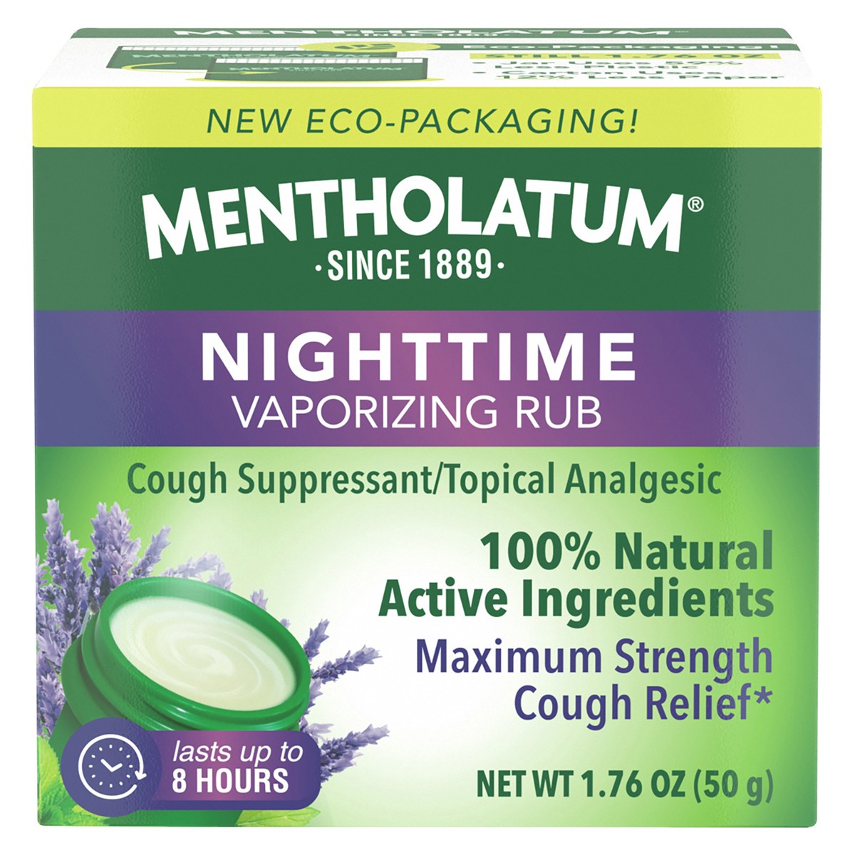 slide 1 of 7, Mentholatum Nighttime Vaporizing Rub, Lavender Scent, Max Strength Cough Relief 1.76oz, 1.76 oz