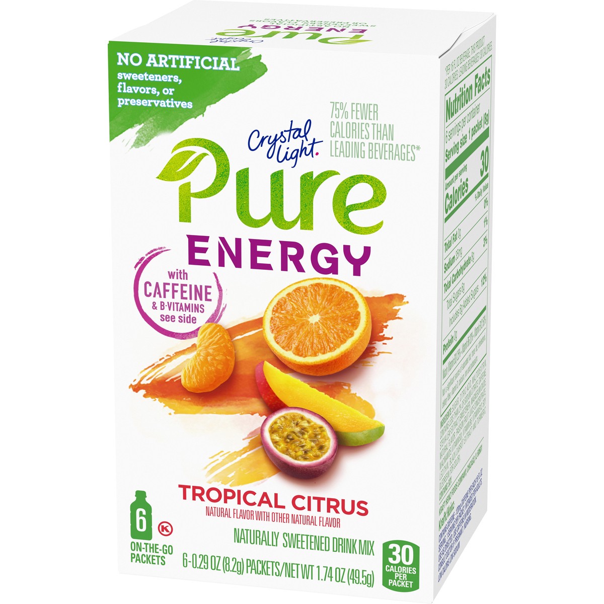 slide 5 of 9, Crystal Light Pure Energy Tropical Citrus Naturally Flavored Powdered Drink Mix with Caffeine & No Artificial Sweeteners, 6 ct On-the-Go Packets, 6 ct