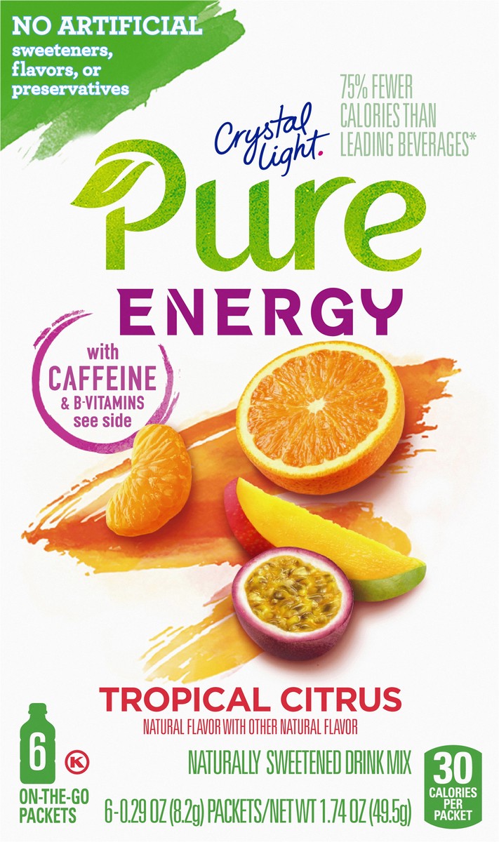 slide 6 of 9, Crystal Light Pure Energy Tropical Citrus Naturally Flavored Powdered Drink Mix with Caffeine & No Artificial Sweeteners, 6 ct On-the-Go Packets, 6 ct