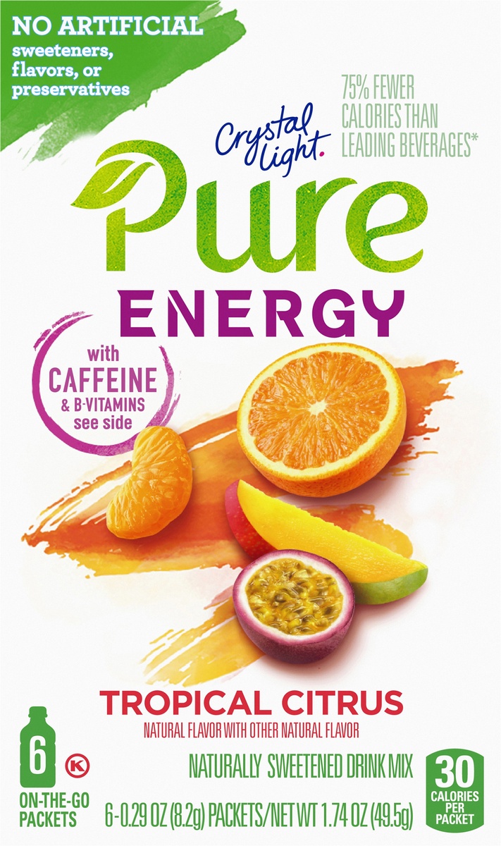 slide 9 of 11, Crystal Light Pure Energy Tropical Citrus Naturally Flavored Powdered Drink Mix with Caffeine & No Artificial Sweeteners On-the-Go, 6 ct