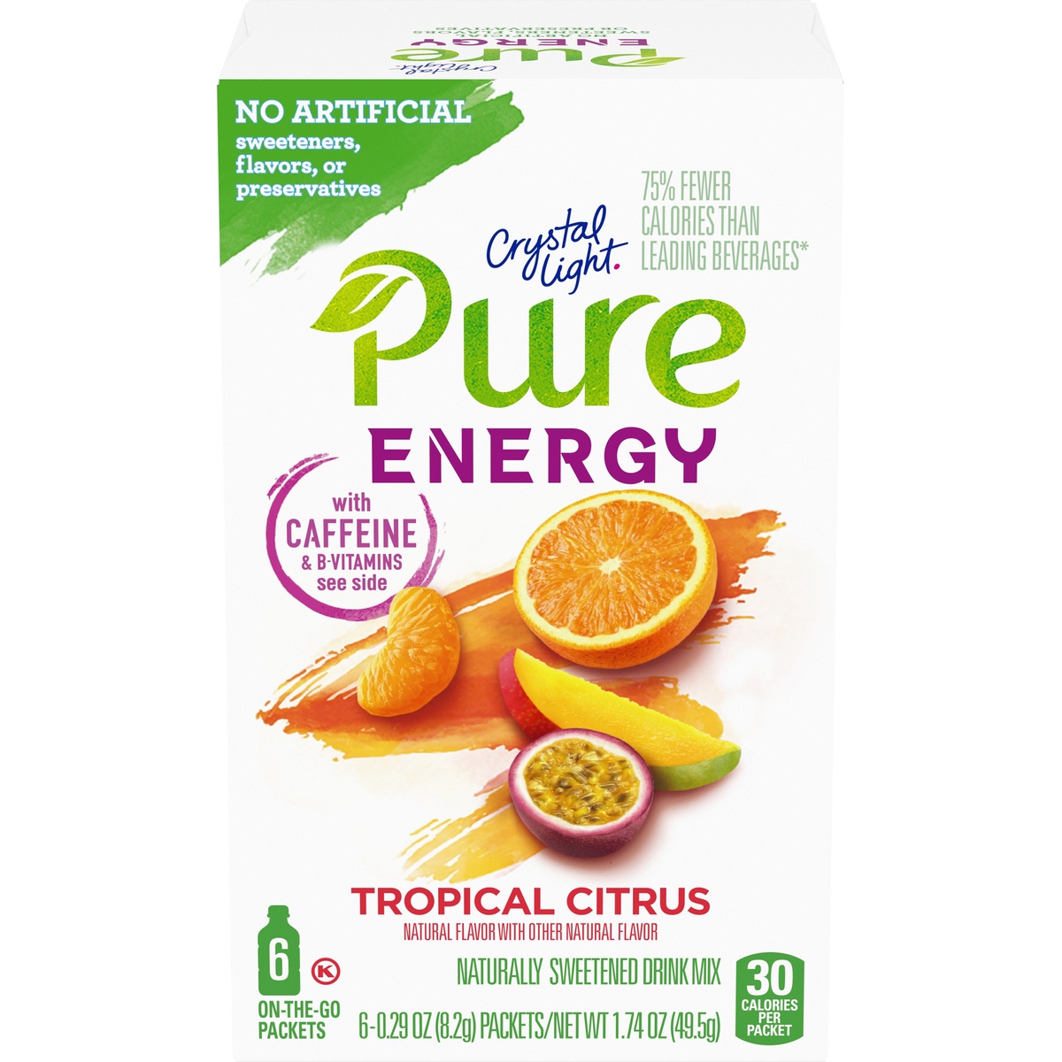 slide 1 of 11, Crystal Light Pure Energy Tropical Citrus Naturally Flavored Powdered Drink Mix with Caffeine & No Artificial Sweeteners On-the-Go, 6 ct