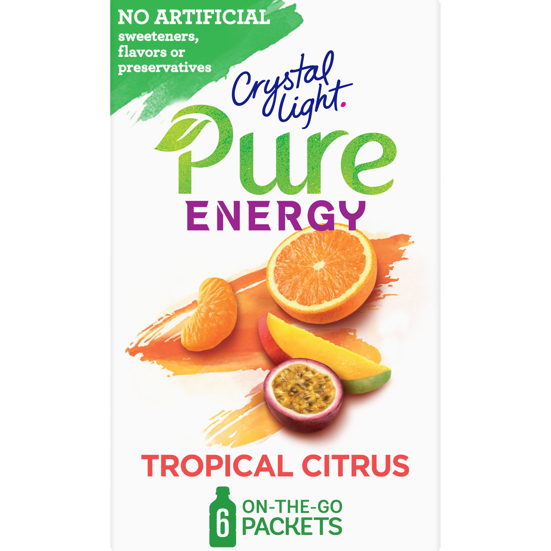 slide 1 of 9, Crystal Light Pure Energy Tropical Citrus Naturally Flavored Powdered Drink Mix with Caffeine & No Artificial Sweeteners, 6 ct On-the-Go Packets, 6 ct