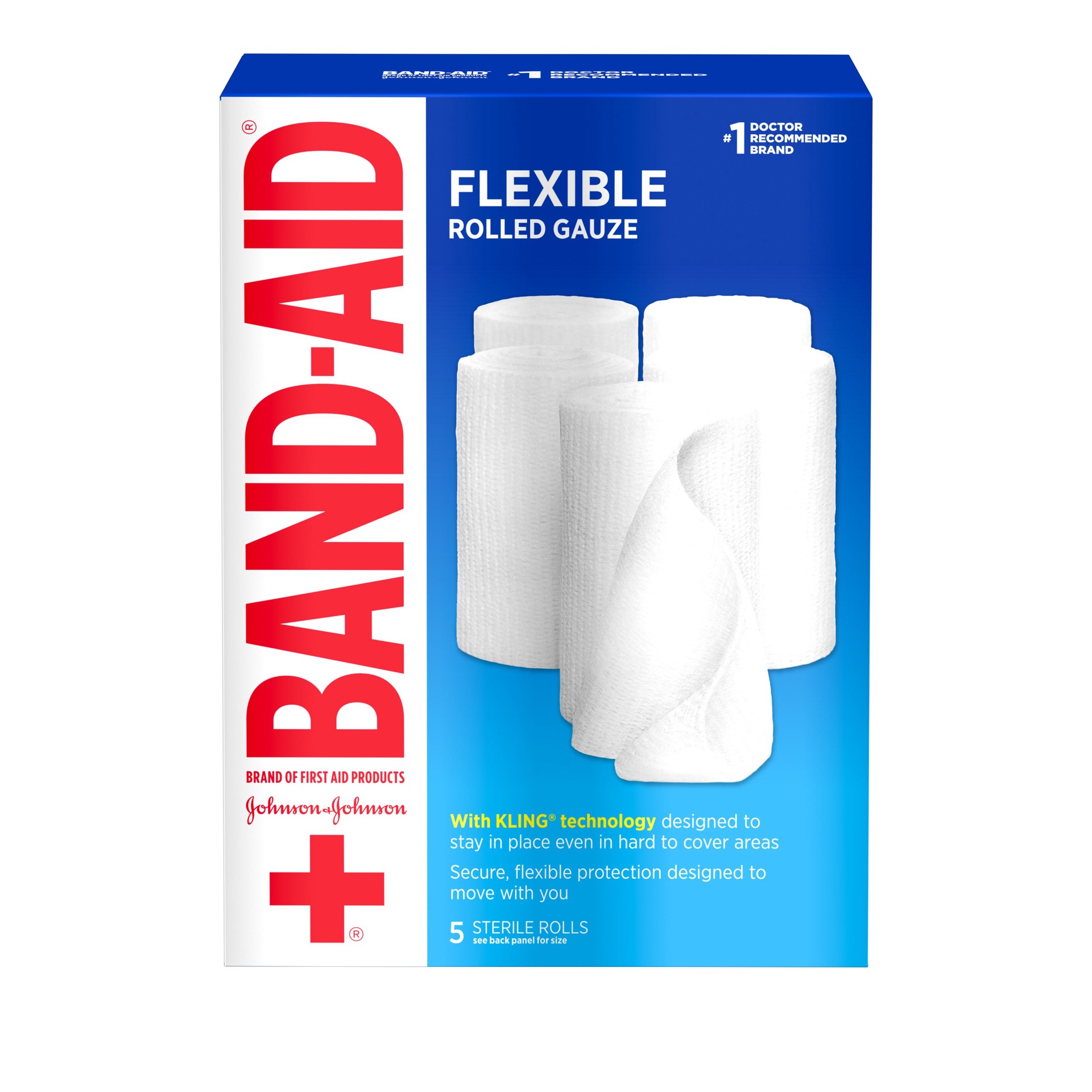 slide 1 of 5, Johnson & Johnson Band-Aid Brand of First Aid Products Flexible Rolled Gauze, 4 Inches by 2.1 Yards, Value Pack, 5 Count, 5 ct