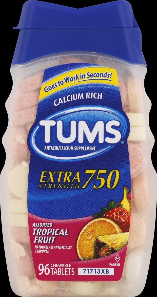 slide 2 of 3, Tums Extra Strength 750 Assorted Tropical Fruit Antacid/Calcium Supplement Chewable Tablets, 96 ct