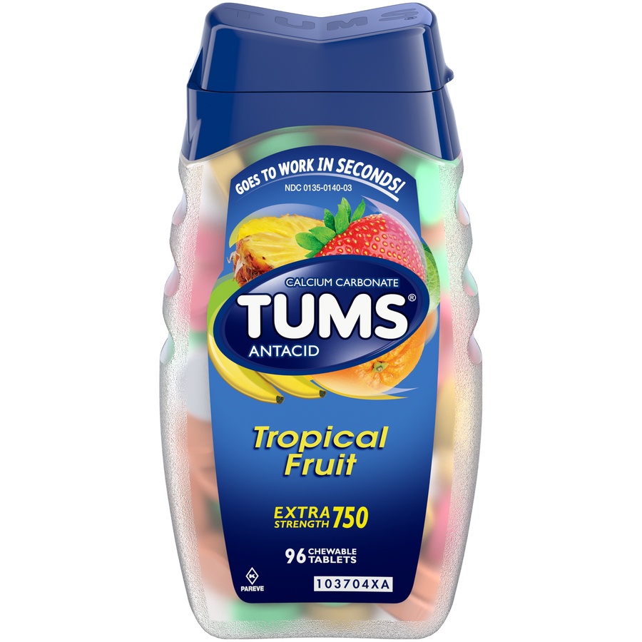 slide 1 of 3, Tums Extra Strength 750 Assorted Tropical Fruit Antacid/Calcium Supplement Chewable Tablets, 96 ct