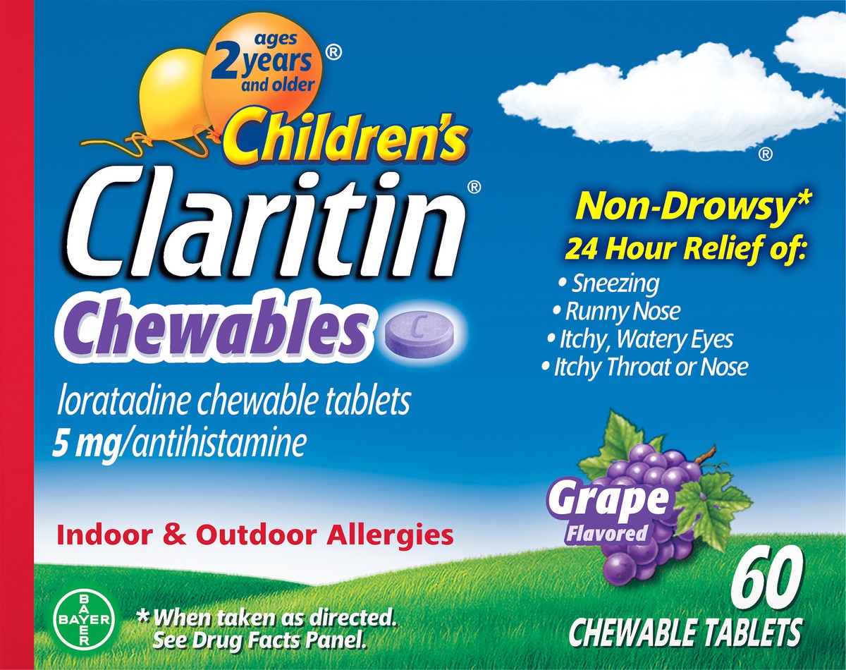 slide 1 of 1, Claritin Child Grape Allergy Chewable Tablets, 24-Hour Non-Drowsy, 60 ct