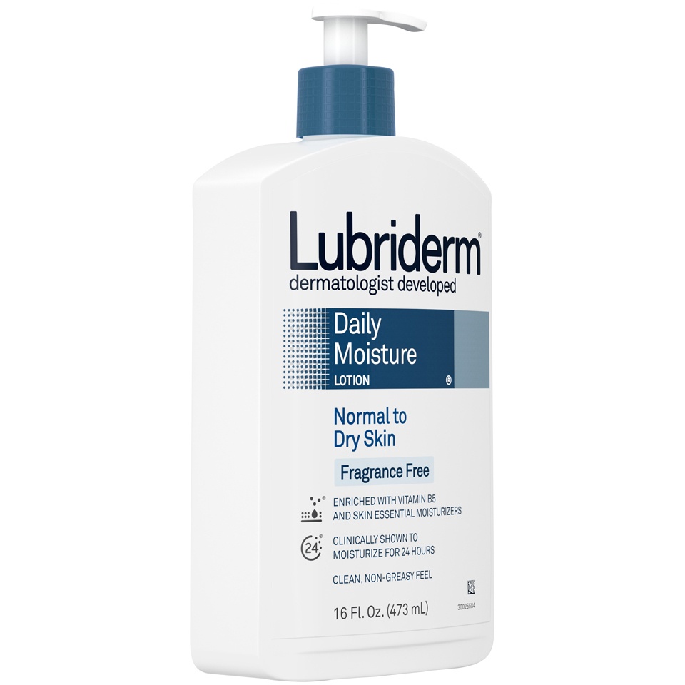 slide 2 of 6, Lubriderm Daily Moisture Hydrating Unscented Body Lotion with Pro-Vitamin B5 for Normal-to-Dry Skin for Healthy-Looking Skin, Non-Greasy and Fragrance-Free Lotion, 16 fl oz