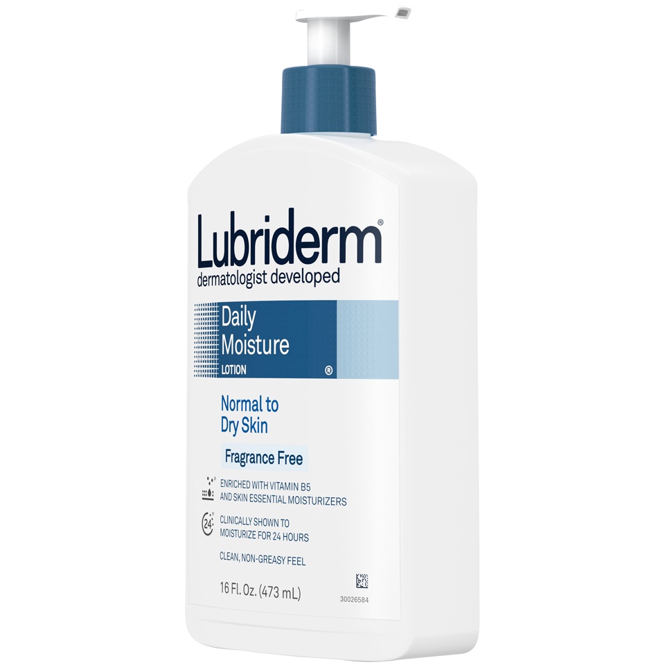 slide 3 of 6, Lubriderm Daily Moisture Hydrating Unscented Body Lotion with Pro-Vitamin B5 for Normal-to-Dry Skin for Healthy-Looking Skin, Non-Greasy and Fragrance-Free Lotion, 16 fl oz