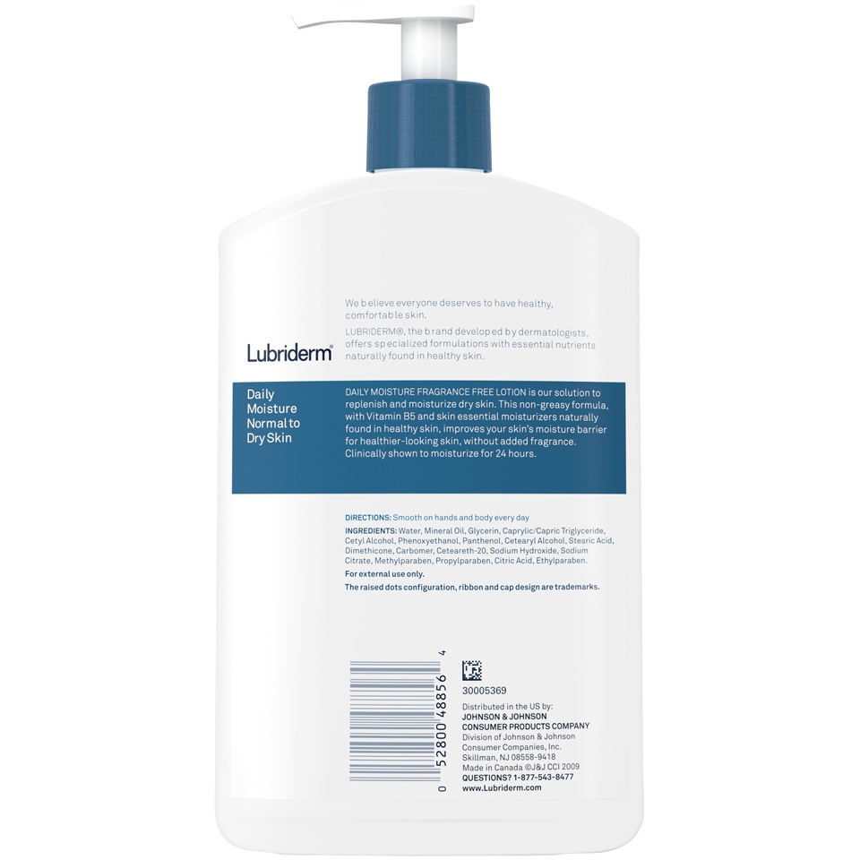 slide 6 of 6, Lubriderm Daily Moisture Hydrating Unscented Body Lotion with Pro-Vitamin B5 for Normal-to-Dry Skin for Healthy-Looking Skin, Non-Greasy and Fragrance-Free Lotion, 16 fl oz