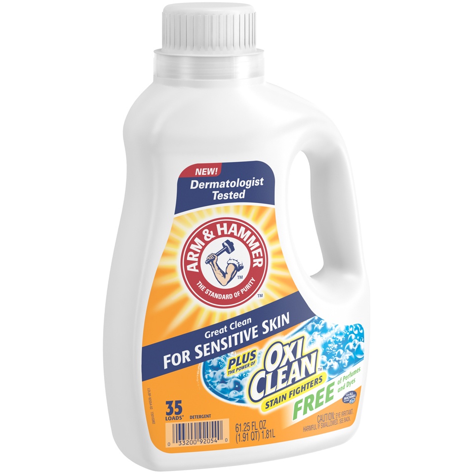 slide 2 of 4, ARM & HAMMER Oxiclean Stain Fighters Sensitive Skin 35 Loads Laundry Detergent, 61.25 fl oz