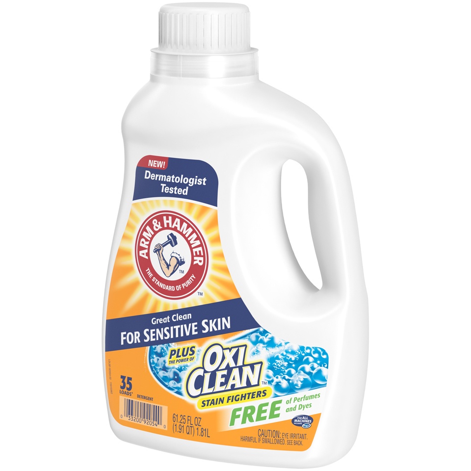 slide 3 of 4, ARM & HAMMER Oxiclean Stain Fighters Sensitive Skin 35 Loads Laundry Detergent, 61.25 fl oz