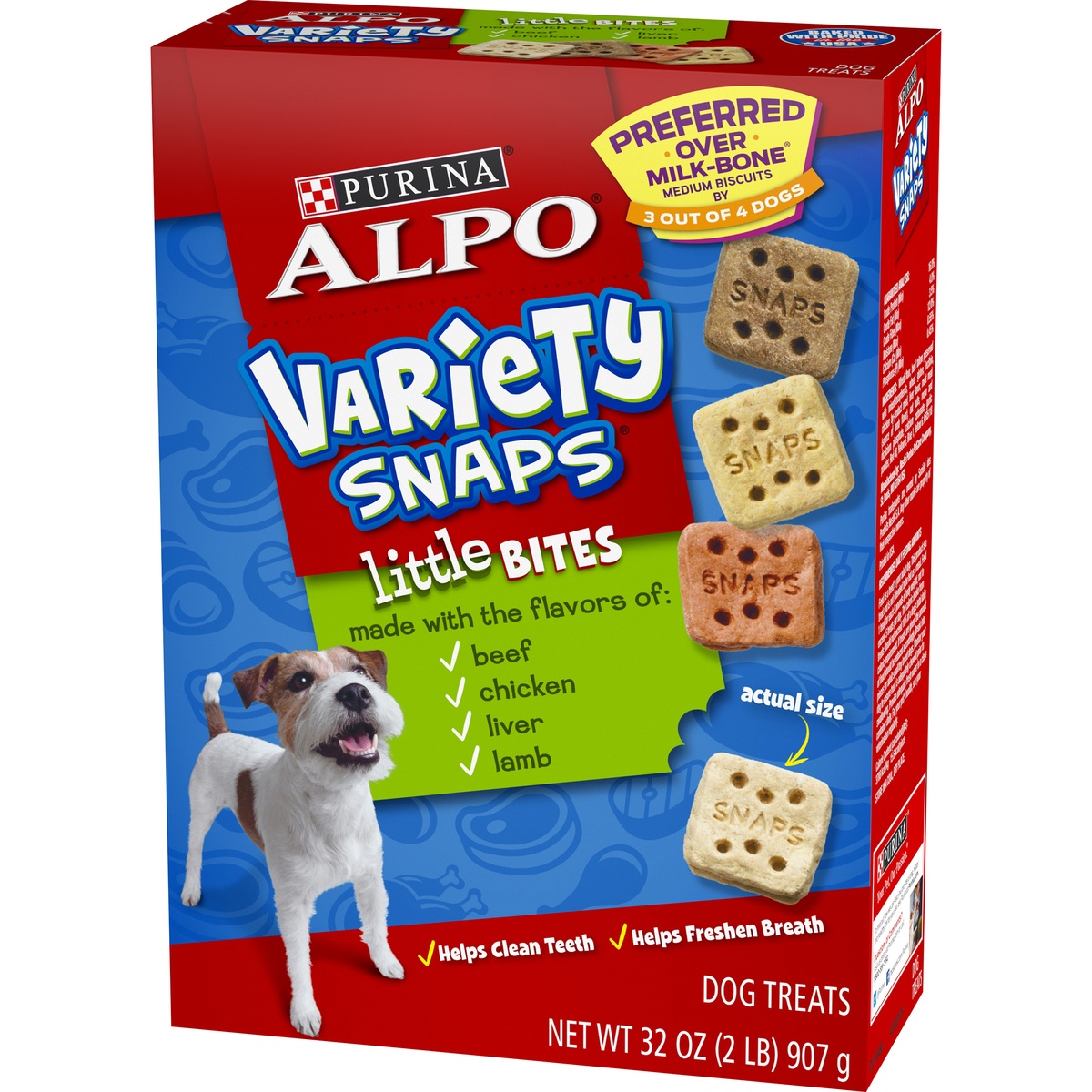 slide 3 of 11, Purina ALPO Variety Snaps Little Bites Dog Treats with Beef, Chicken, Liver & Lamb Flavors, 32 oz