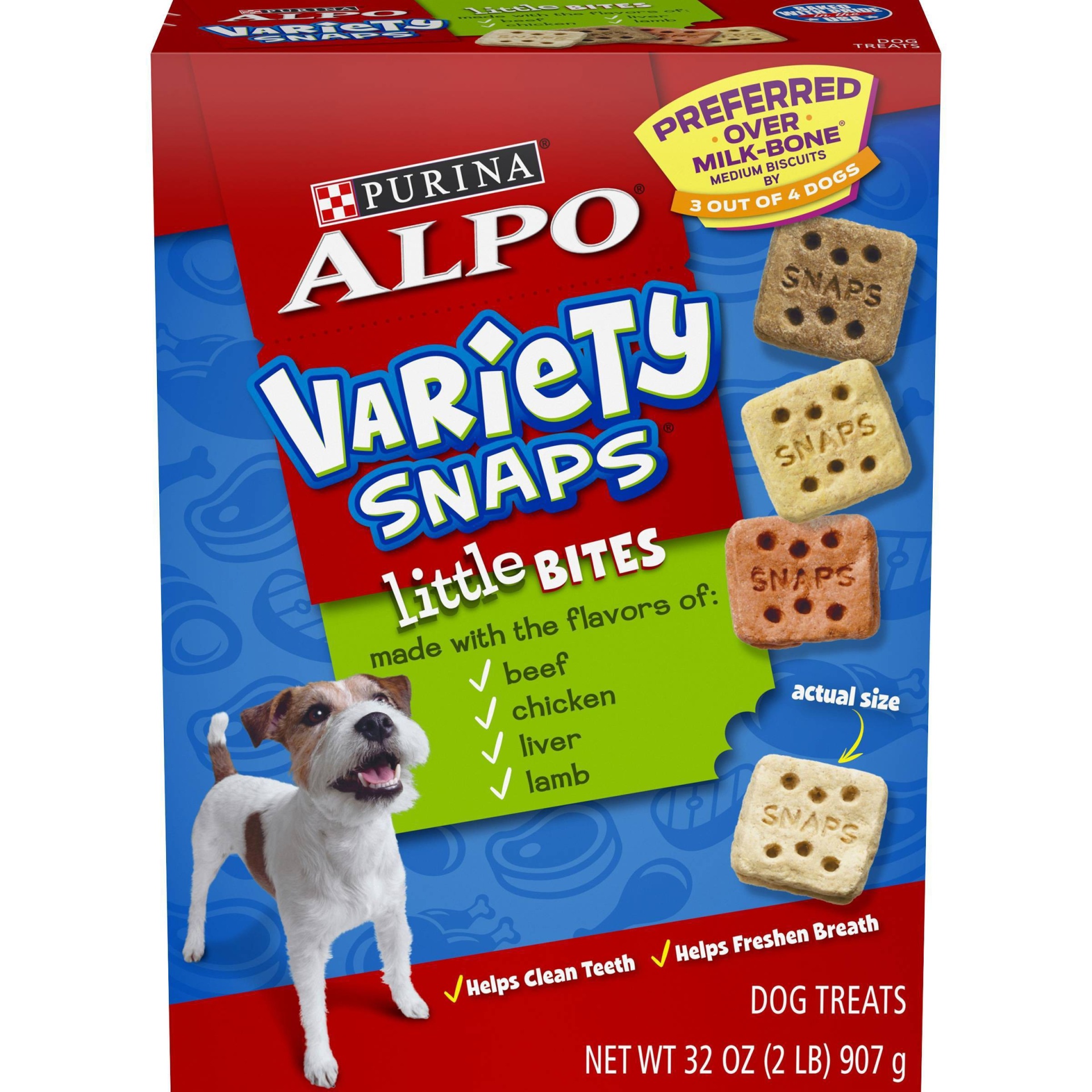slide 1 of 8, Purina ALPO Variety Snaps Little Bites Dog Treats with Beef, Chicken, Liver & Lamb Flavors, 32 oz