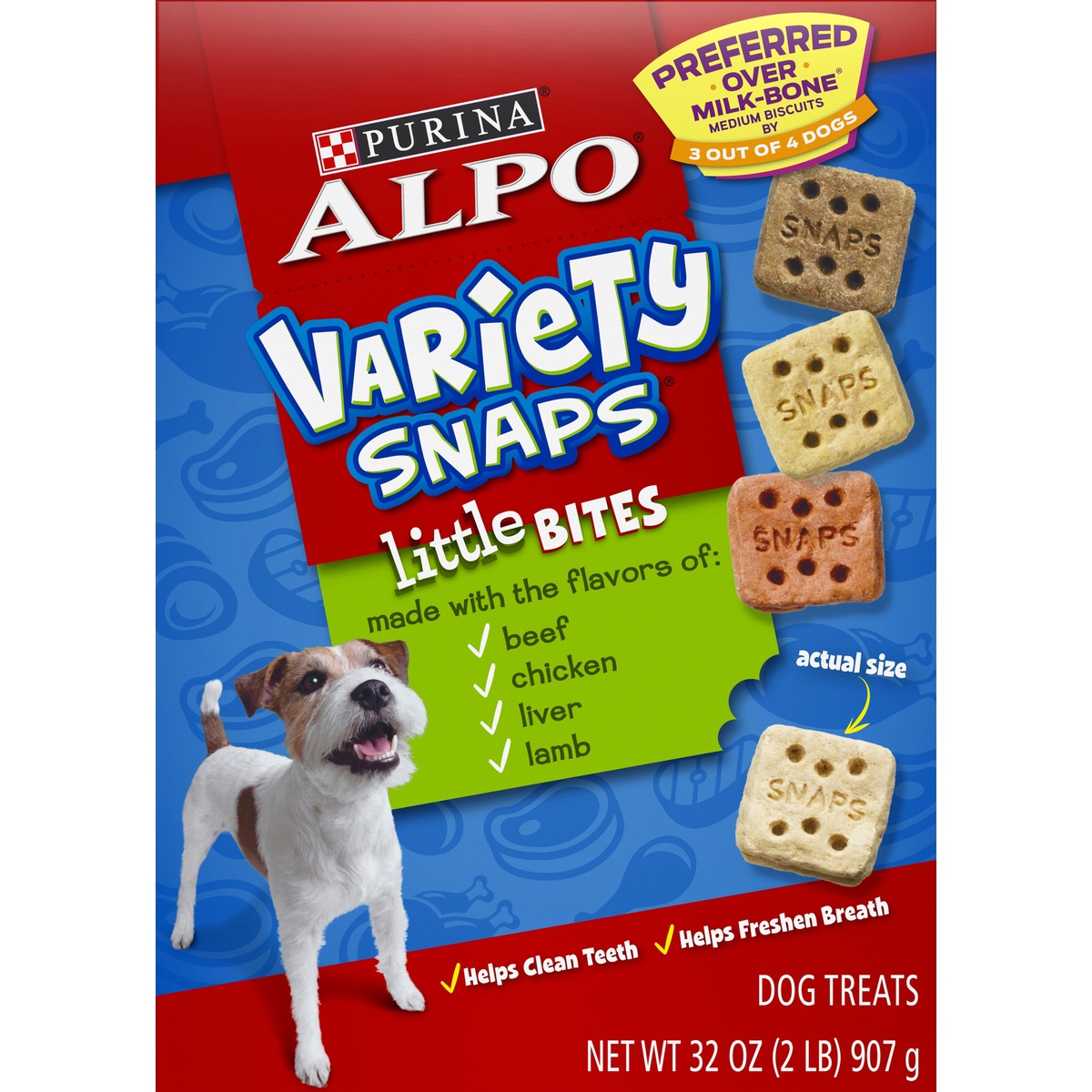 slide 9 of 11, Purina ALPO Variety Snaps Little Bites Dog Treats with Beef, Chicken, Liver & Lamb Flavors, 32 oz