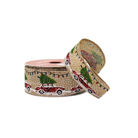 slide 1 of 3, 1.5" X 30ft. Christmas Tree Car Wired Faux Linen Ribbon By Celebrate It, 1.5 in x 30 ft