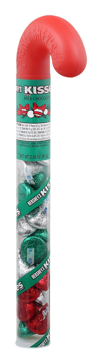 slide 1 of 1, Hershey's Kisses Holiday Milk Chocolate Candy Filled Cane, 2.88 oz