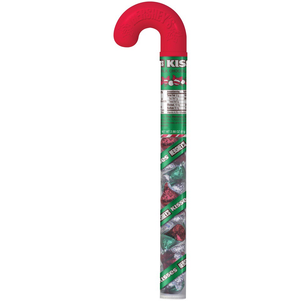 slide 1 of 3, Kisses Hershey's Kisses Holiday Milk Chocolate Candy Filled Cane, 2.88 oz