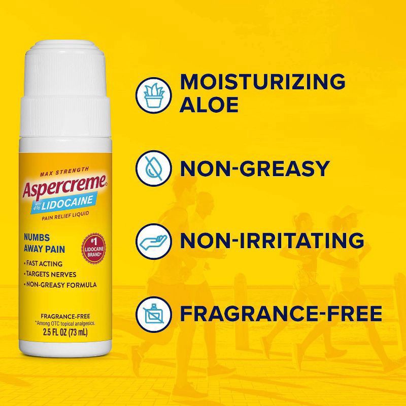 slide 7 of 8, Aspercreme Lidocaine Pain Relief Liquid With No-Mess Roll-On Applicator, Max-Strength 4% Lidocaine Numbs Away Nerve Pain, Moisturizing Aloe Hydrates Dry Skin, 2.5 Oz. (Pack of 2), 2.50 fl oz