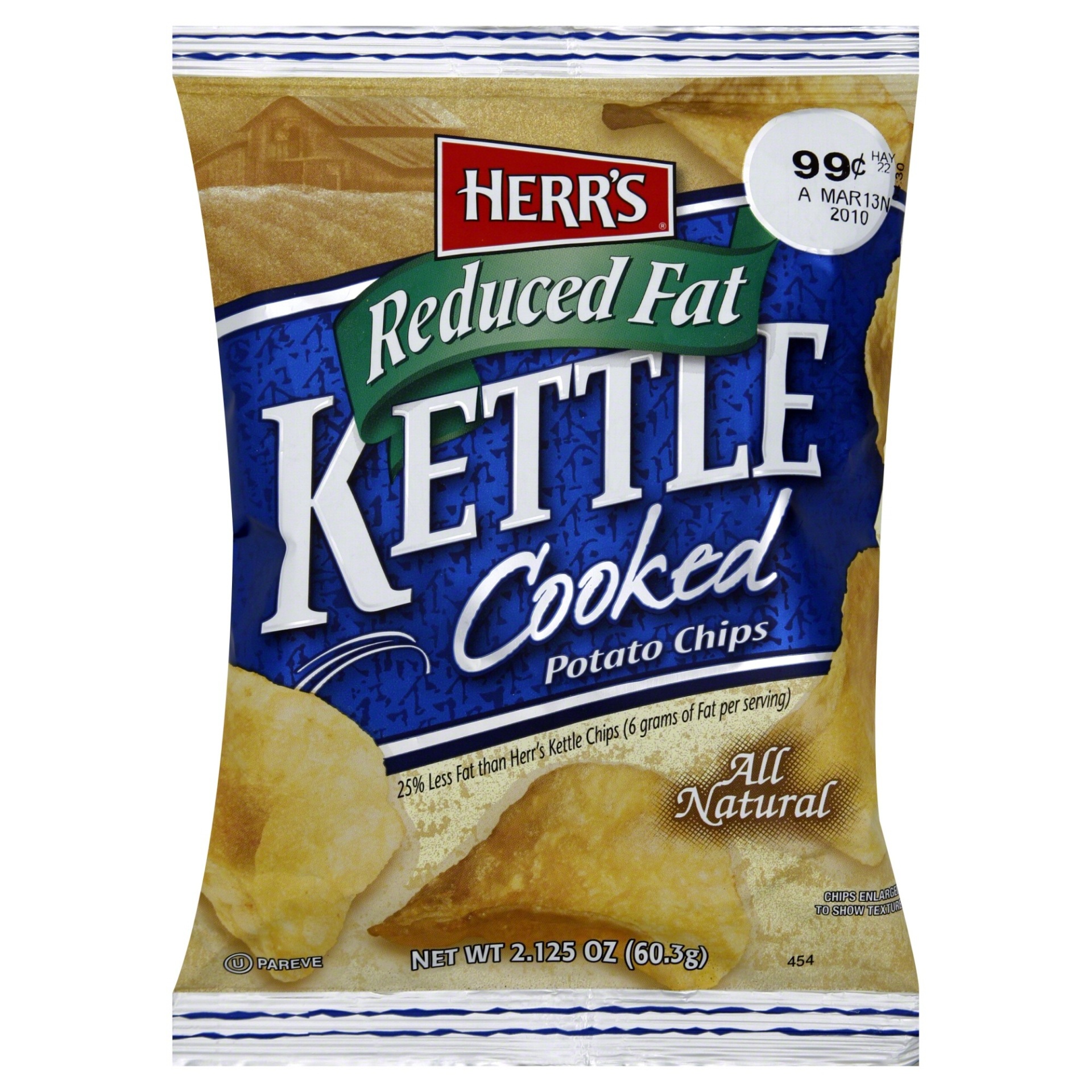 slide 1 of 1, Herr's Kettle Cooked Potato Chips, Reduced Fat, 2.125 oz