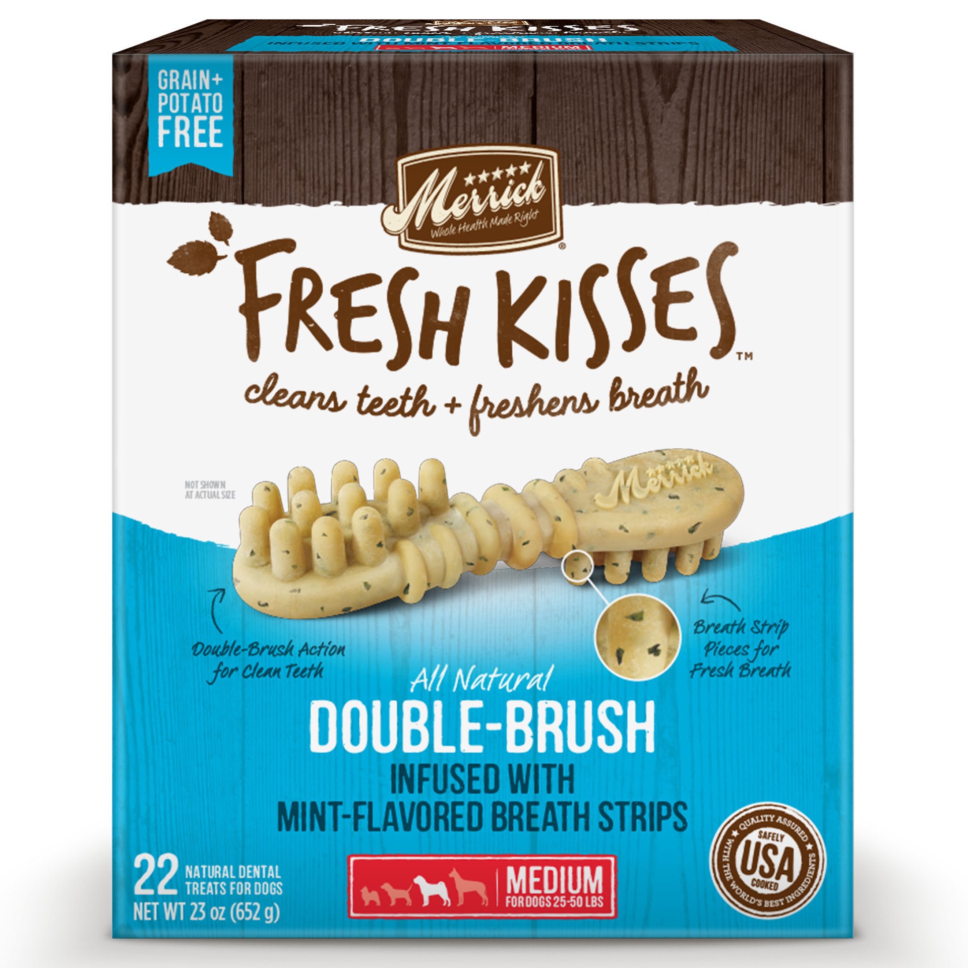 slide 6 of 6, Merrick Fresh Kisses Natural Dental Chews Toothbrush Shape Treat Infused With Real Mint Medium Dogs, 23 oz