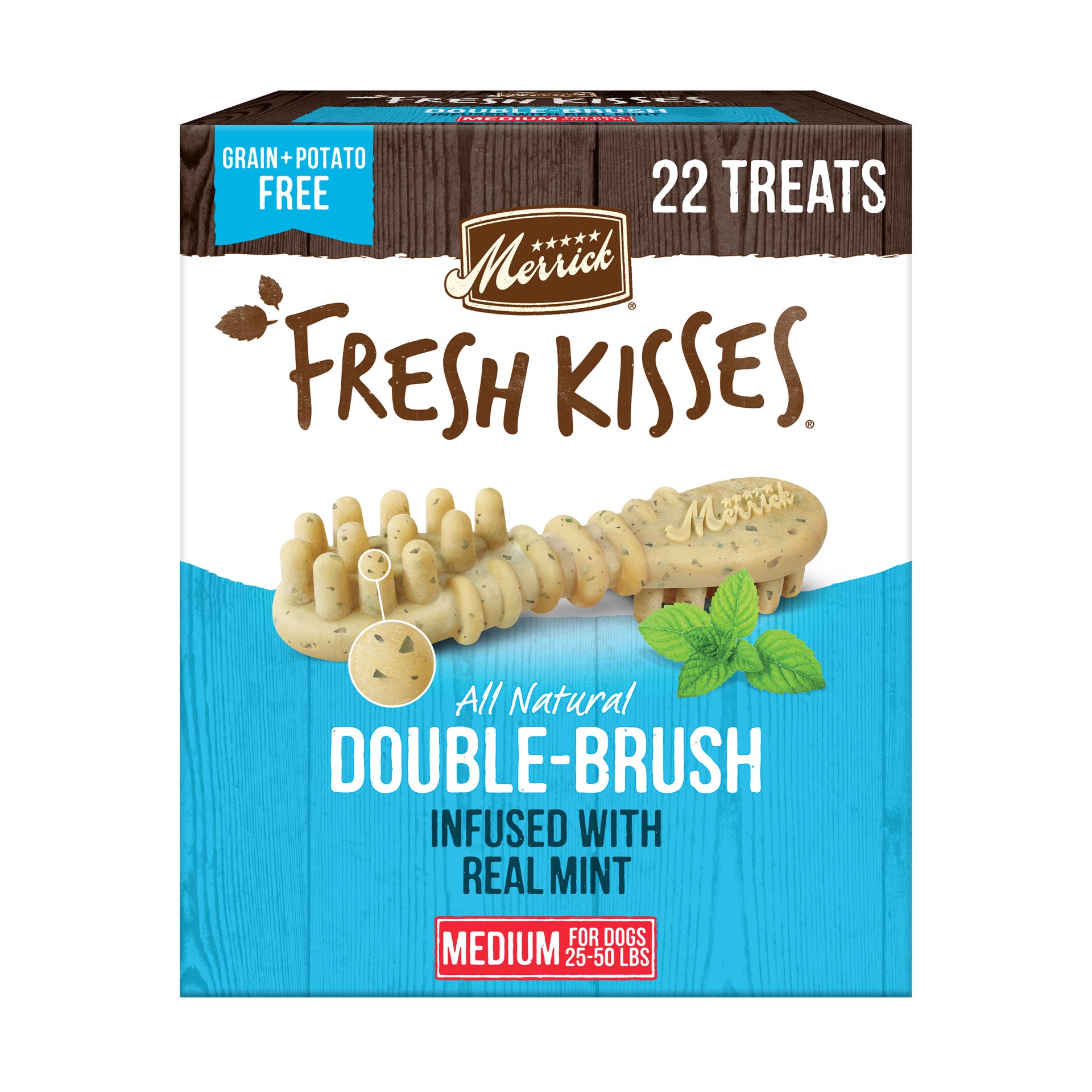 slide 1 of 6, Merrick Fresh Kisses Natural Dental Chews Toothbrush Shape Treat Infused With Real Mint Medium Dogs, 23 oz