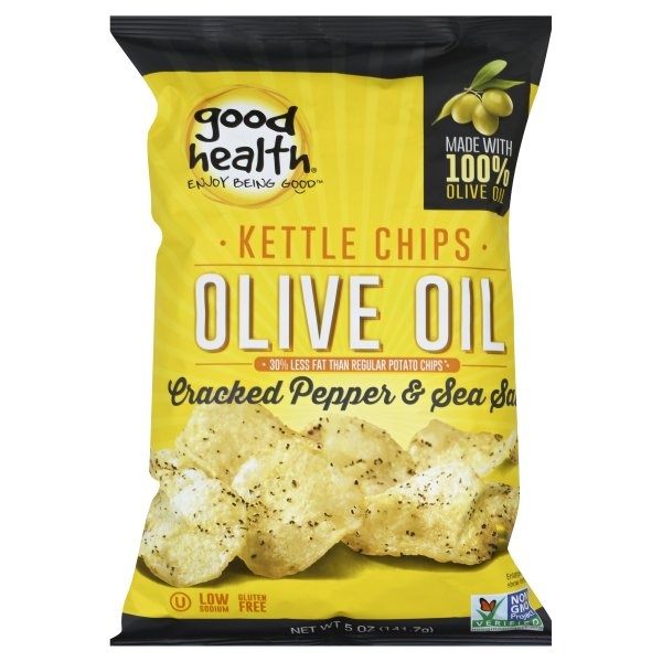 slide 1 of 1, Good Health Cracked Pepper & Sea Salt Olive Oil Kettle Chips, 5 oz