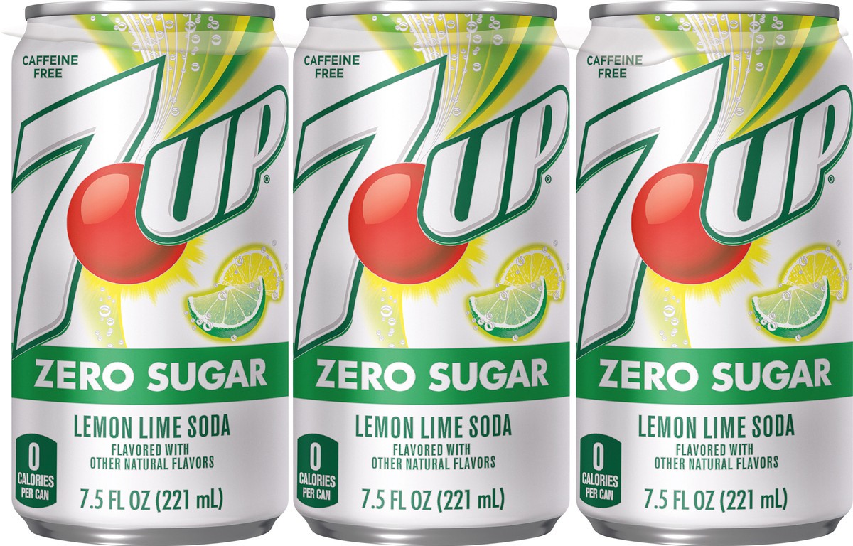 slide 3 of 7, 7UP Zero Sugar Lemon Lime Soda, 7.5 fl oz cans, 6 pack, 6 ct