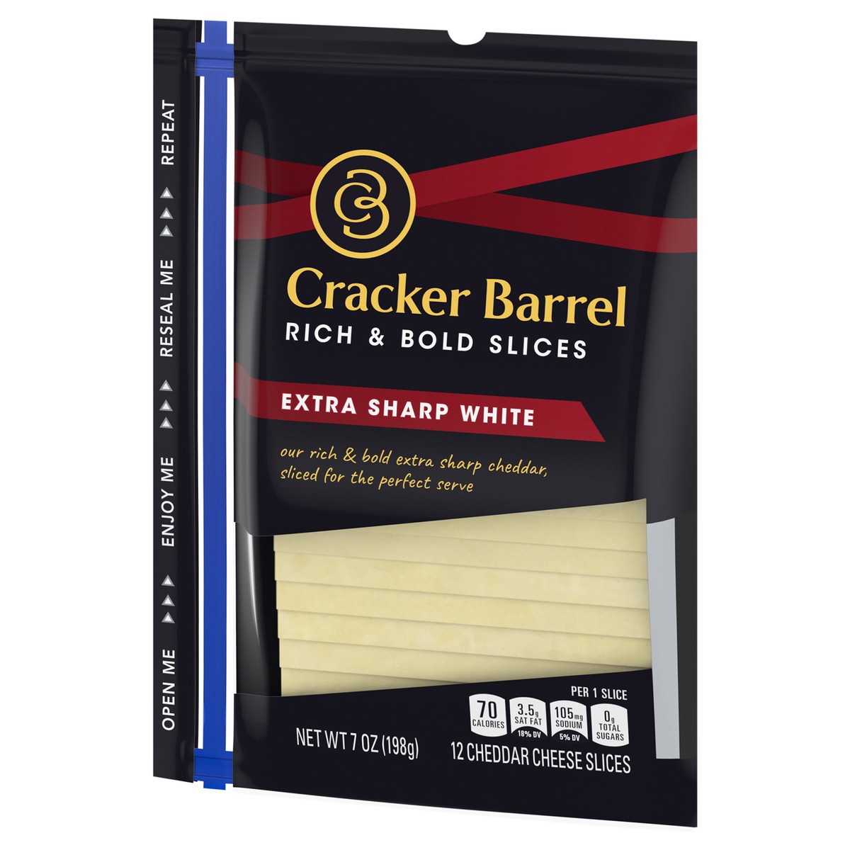 slide 2 of 14, Cracker Barrel Extra Sharp White Cheddar Cheese Slices, 12 ct - 7.0 oz Zip Pak, 12 ct