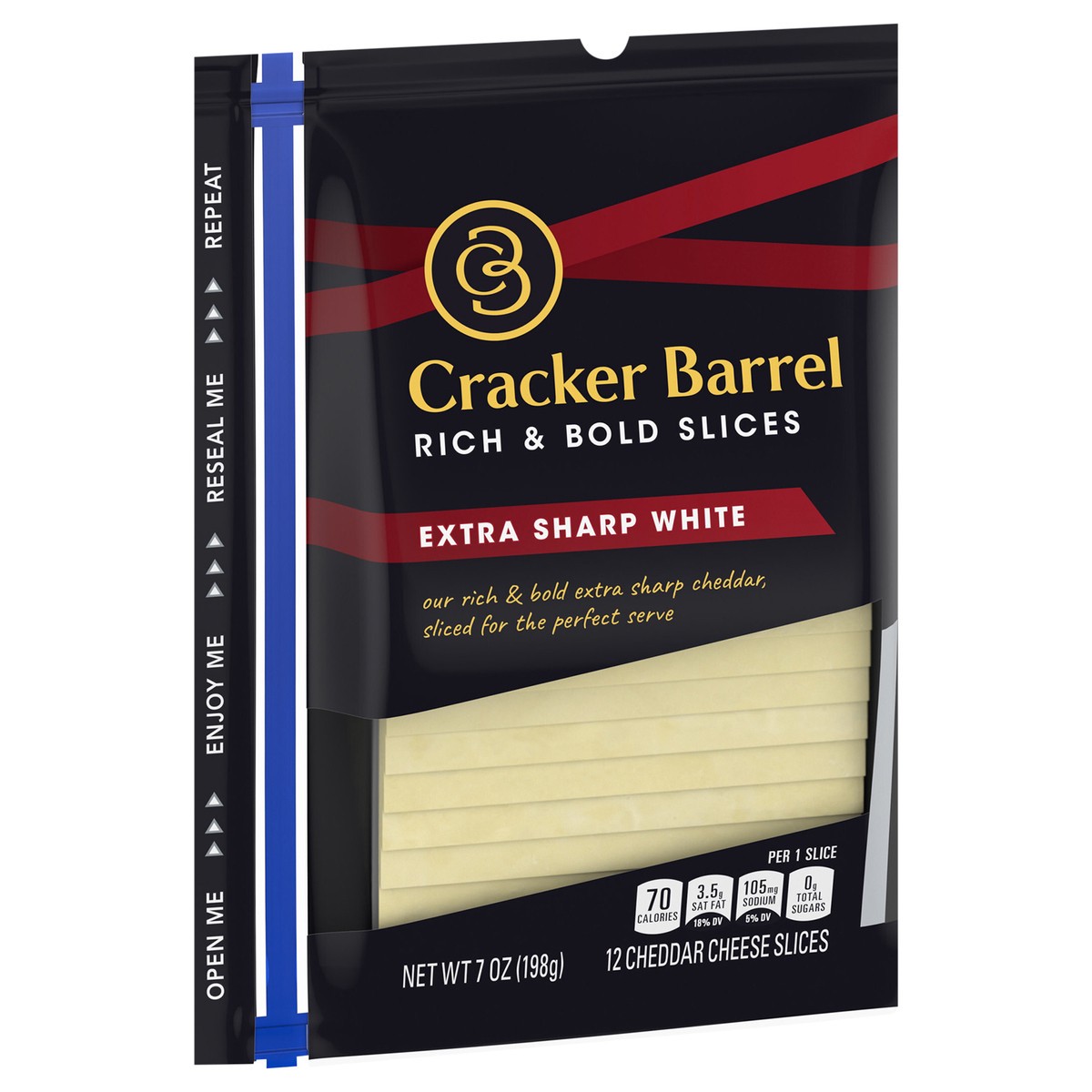 slide 4 of 14, Cracker Barrel Extra Sharp White Cheddar Cheese Slices, 12 ct - 7.0 oz Zip Pak, 12 ct