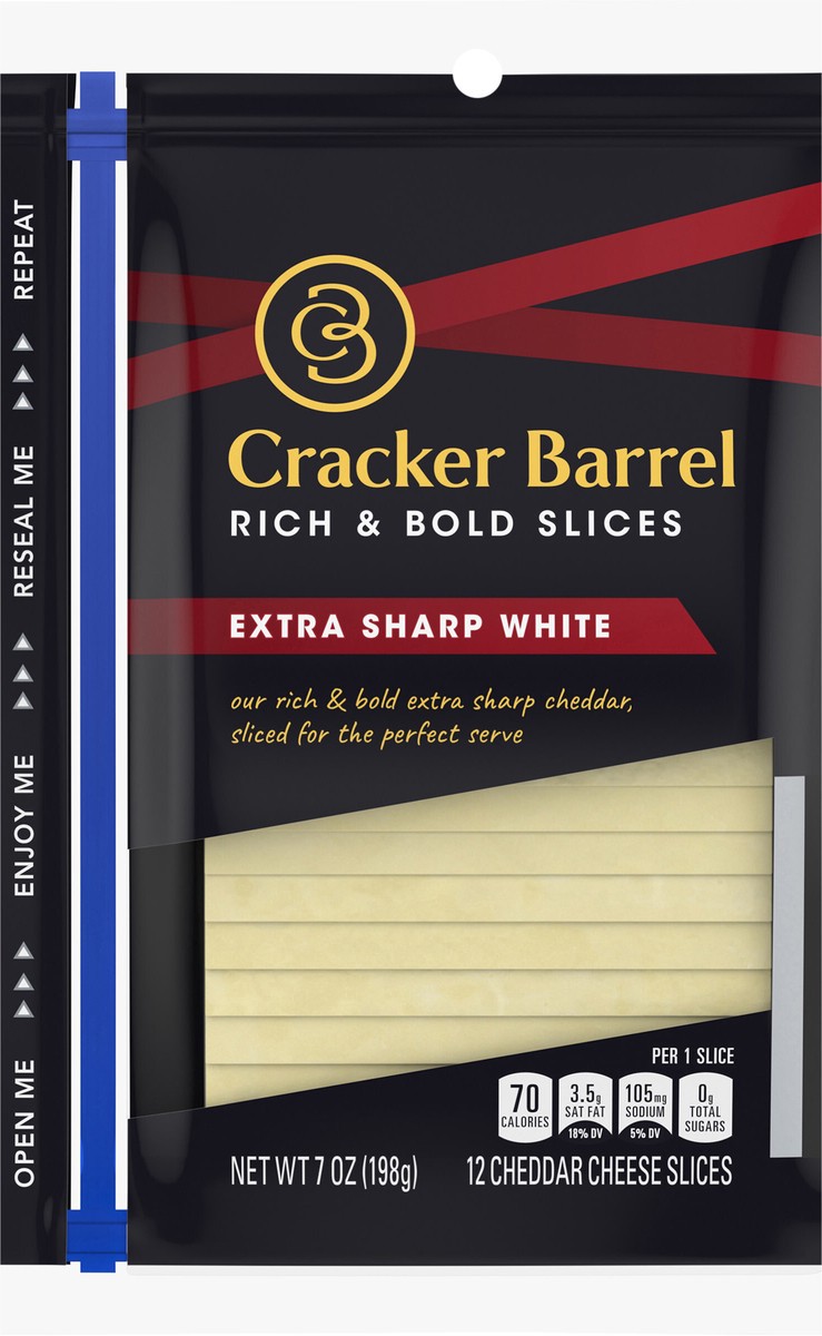slide 6 of 14, Cracker Barrel Extra Sharp White Cheddar Cheese Slices, 12 ct - 7.0 oz Zip Pak, 12 ct