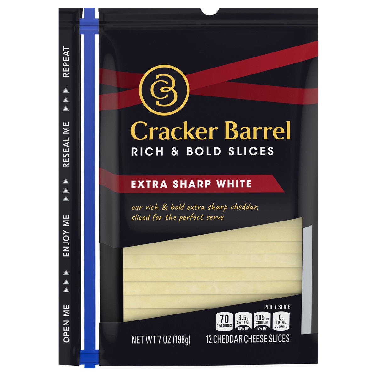 slide 7 of 14, Cracker Barrel Extra Sharp White Cheddar Cheese Slices, 12 ct - 7.0 oz Zip Pak, 12 ct