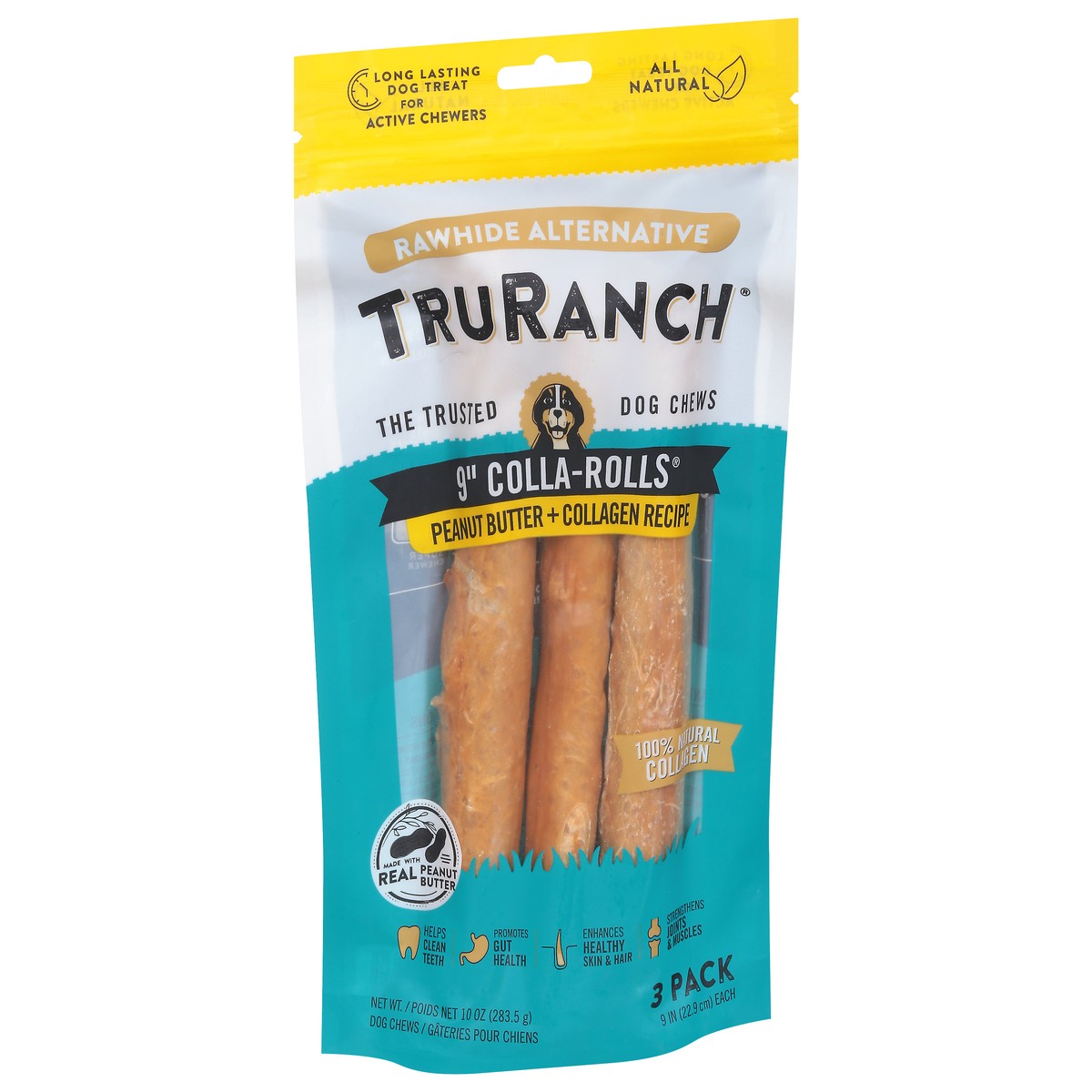 slide 6 of 9, TruRanch 9 Inch Colla-Rolls Peanut Butter + Collagen Recipe Dog Chews 3 ea, 3 ct