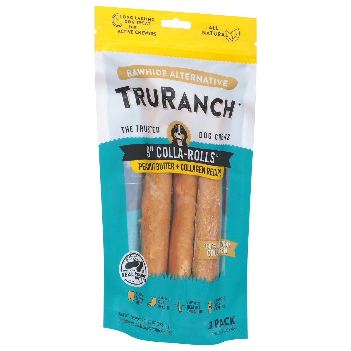 slide 4 of 9, TruRanch 9 Inch Colla-Rolls Peanut Butter + Collagen Recipe Dog Chews 3 ea, 3 ct