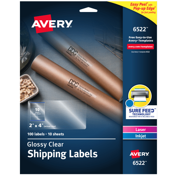 slide 1 of 9, Avery Glossy Permanent Labels, 6522, Shipping, 2" X 4", Clear, Pack Of 100, 100 ct