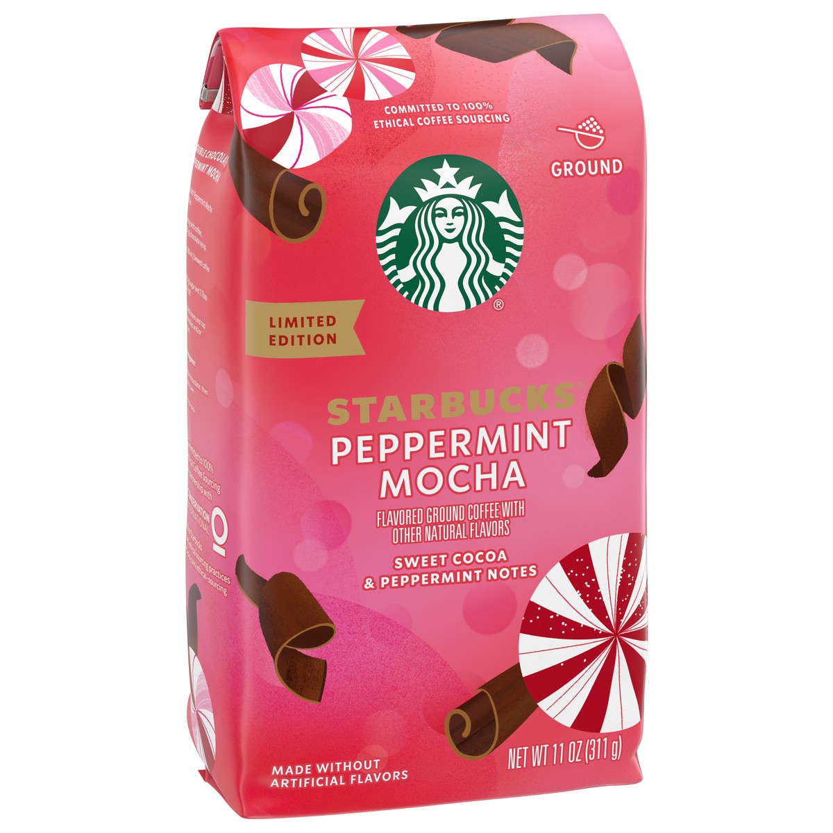 slide 3 of 11, Starbucks Ground Coffee, Peppermint Mocha Naturally Flavored Coffee, 100% Arabica, Limited Edition Holiday Coffee, 1 Bag (11 Oz), 11 oz