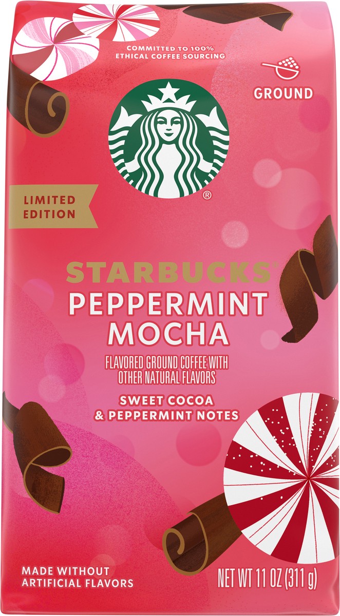 slide 9 of 11, Starbucks Ground Coffee, Peppermint Mocha Naturally Flavored Coffee, 100% Arabica, Limited Edition Holiday Coffee, 1 Bag (11 Oz), 11 oz