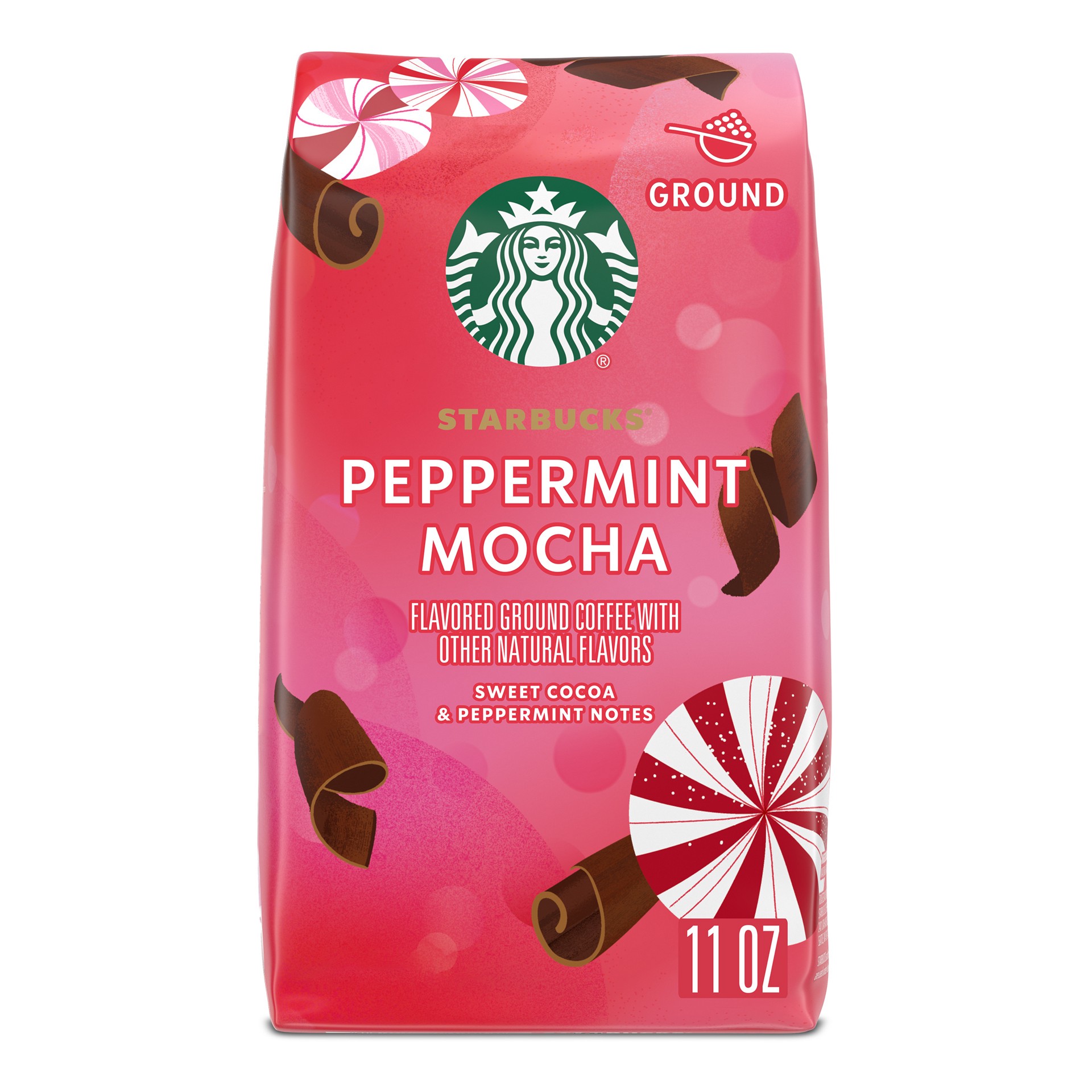 slide 1 of 11, Starbucks Ground Coffee, Peppermint Mocha Naturally Flavored Coffee, 100% Arabica, Limited Edition Holiday Coffee, 1 Bag (11 Oz), 11 oz