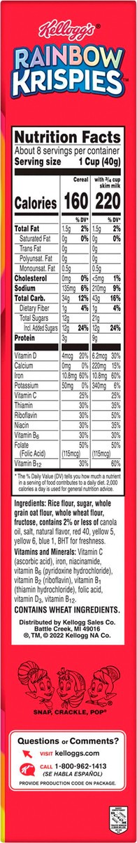 slide 6 of 7, Kellogg's Rainbow Krispies Breakfast Cereal, Kids Snacks, Family Breakfast, Fruity Flavor, 11.1oz Box, 1 Box, 11.1 oz