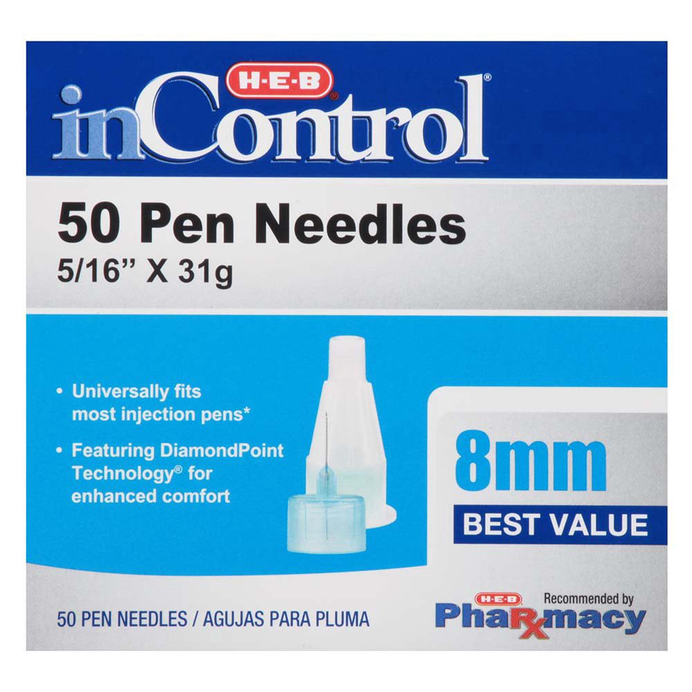 slide 1 of 1, H-E-B InControl Pen Needles - 8mm, 50 ct